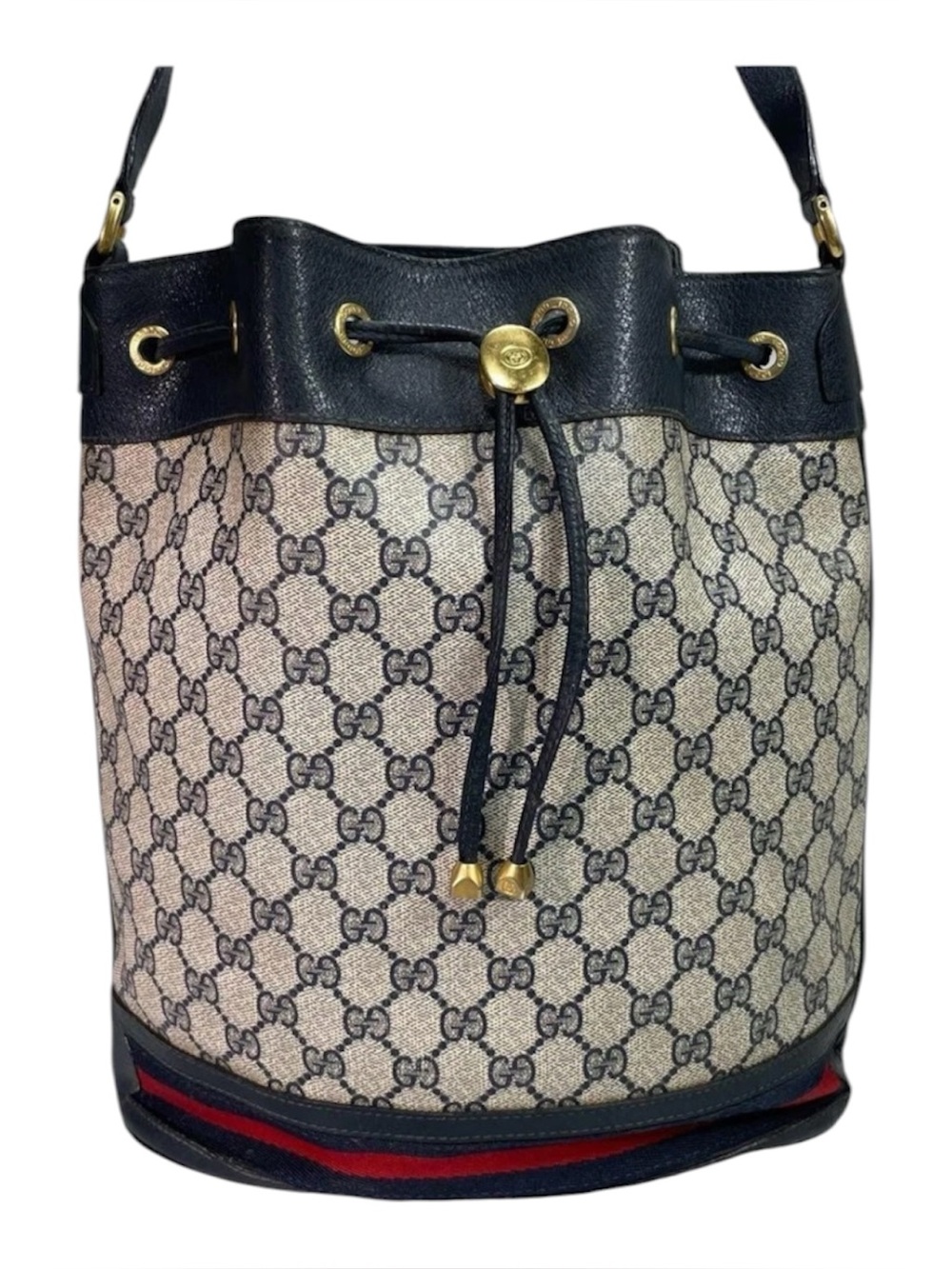 GUCCI vintage Sherry Line Shoulder Bag Navy Leather Drawstring Logo